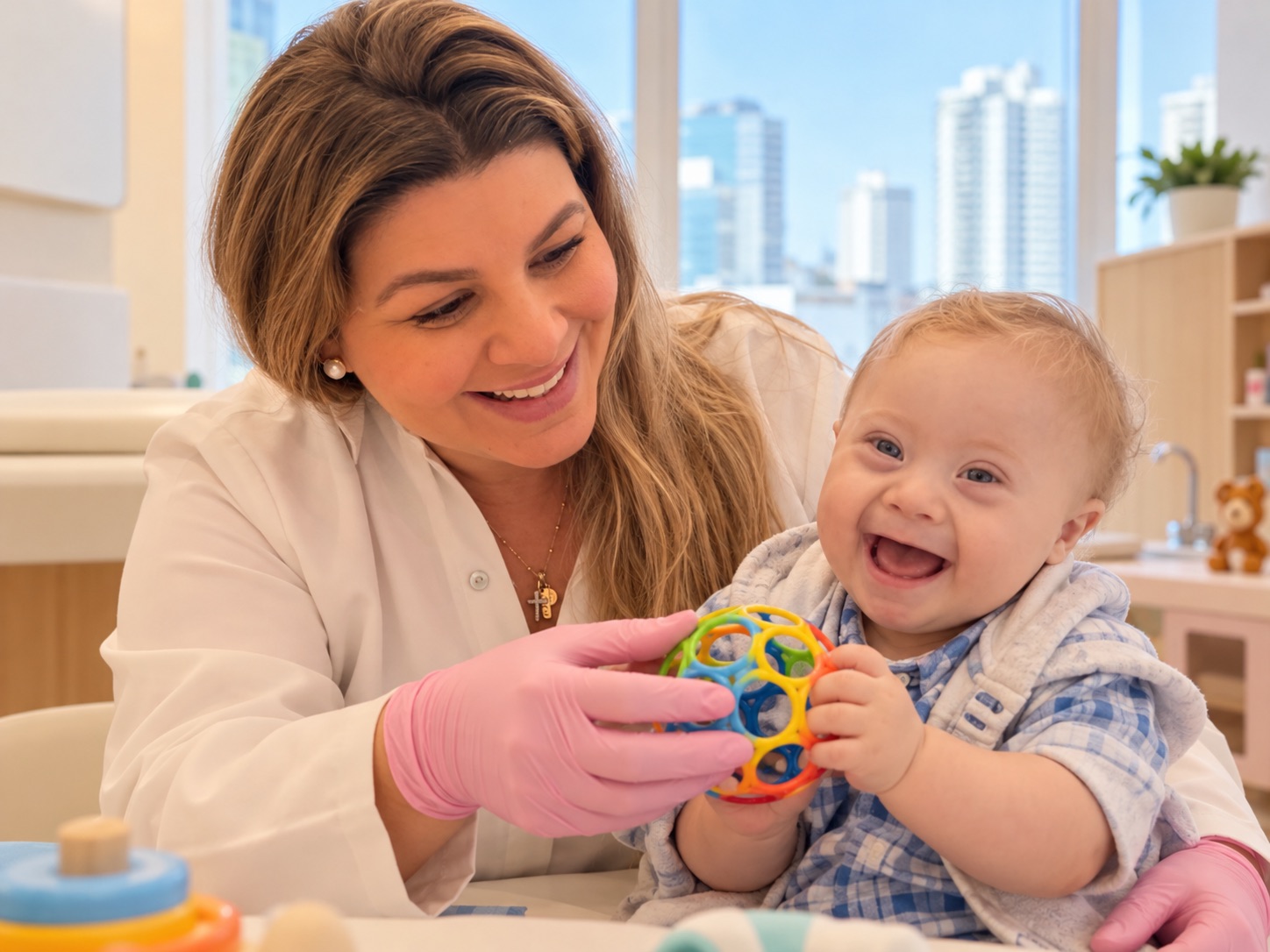 Gabriella Maia com um bebê sorrindo